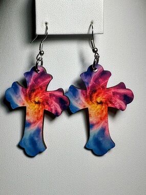Colorful Double Sided Swirl Cross Dangle Earrings - Multicolor New Without Tags